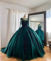 Lace Beaded Green Ball Gown Quinceanera Dress Long Sleeves Graduation Dresses