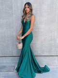 Cheap Simple Green Prom Dresses Mermaid Long Satin Evening Dresses