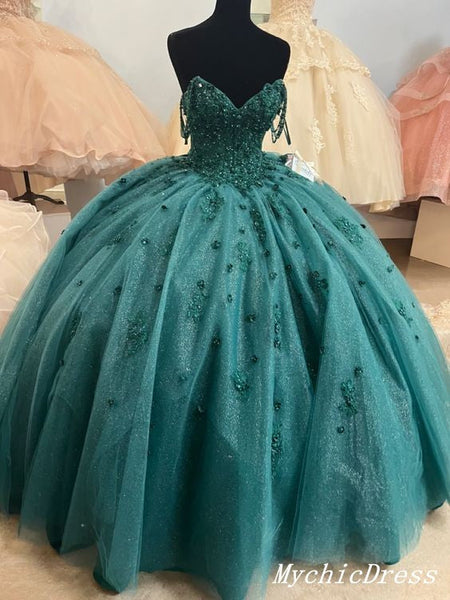 Ball Gown Beaded Green 2024 Quinceanera Dress Spaghetti Straps