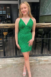 Cheap Short Green Homecoming Dresses Sequin V Neck Hoco Dress