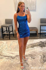 Hot Blue Sequin Tight Homecoming Dresses Spaghetti Straps
