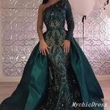 Long Lace one Shoulder Prom Dresses Emerald Green UK Detachable Train