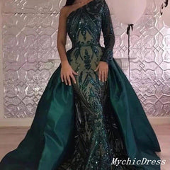 2024 Long Lace one Shoulder Prom Dresses Emerald Green UK Detachable Train