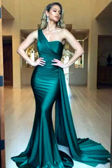 Simple Satin Green Prom Dresses Mermaid One Shoulder Evening Dress