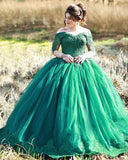 Lace Green Ball Gown Wedding Dresses Off Shoulder Tulle Sweet 16 Dress