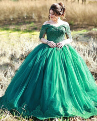 Lace Green Ball Gown Wedding Dresses Off Shoulder Tulle Sweet 16 Dress