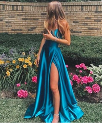 Hot 2024 A Line Green Long Prom Dresses Spaghetti Straps Cross Back with Split