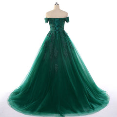 Real Off Shoulder Green Prom Dresses Beaded Appliques Emerald Quince Dress