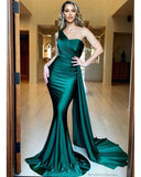 Simple Satin Green Prom Dresses Mermaid One Shoulder Evening Dress