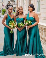 Cheap One Shoulder Green Bridesmaid Dresses Long Wedding Guest Dress