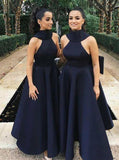 A Line High Neck Satin Bridesmaid Dresses Sleeveless with Bowknot