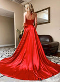 Sexy Red Satin Prom Dresses V Neck Long Evening Formal Gown with Split
