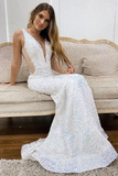 Shiny Sequin Prom Dresses Iridescent White Long V-Neck Mermaid Evening Dress