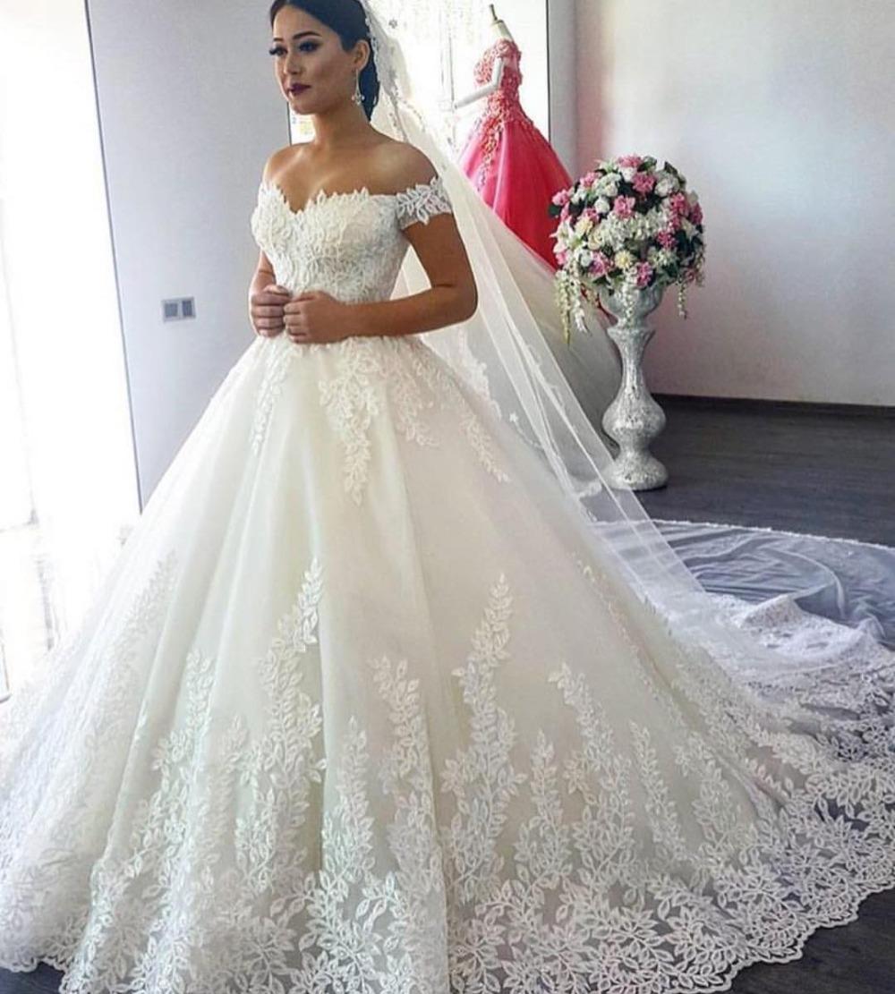 Wedding Dresses Ball Gown Off Shoulder Golden Lace Appliqued Floor Length Bridal  Dress – Dbrbridal