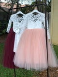 Long Sleeve Lace Flower Girl Dresses Puffy Tulle Skirt Custom color