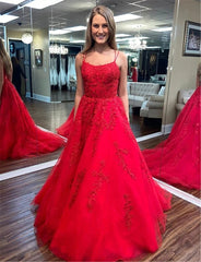 A Line Spaghetti Straps Red Lace Long Prom Dresses