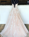 A Line Long Lace Prom Dresses Spaghetti Straps Sleeveless