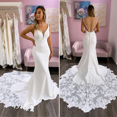 Hot Long Mermaid Ivory Satin Lace Wedding Gowns V Neck Dress