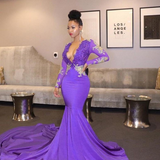 Long Sleeves Lace Applique Prom Dresses Purple D V Neck Evening Dress