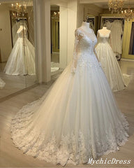 Elegant Tulle Lace Long Sleeves Wedding Dresses Ball Gown Winter Bridal Dress