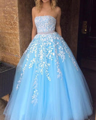 A Line Strapless Beaded Lace Prom Dresses Zipper