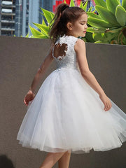 White Cheap Lace Flower Girl Dresses Tulle Sleeveless with Key Hole