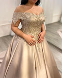 Off The Shoulder Champagne Plus Size Prom Dresses Lace Beaded Evening Gown