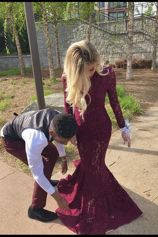 Burgundy Prom Dresses Lace With Sleeves