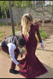 Long Mermaid Burgundy Prom Dresses Lace with Sleeves Cheap Evening Gown