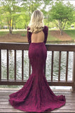Long Mermaid Burgundy Prom Dresses Lace with Sleeves Cheap Evening Gown