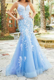 Long Mermaid Blue Evening Gowns Lace Prom Dresses 2023 UK