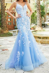 Long Mermaid Blue Evening Gowns Lace Prom Dresses 2024 UK