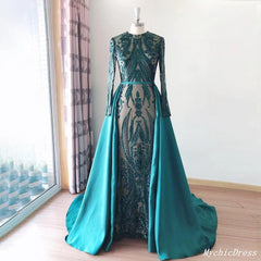 Sexy Emerald Green Lace Prom Dresses Long Sleeves with Detachable Train
