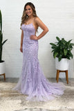 Hot Lace Lilac Prom Dresses Mermaid Spaghetti Straps Long Evening Dress
