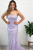 Hot Lace Lilac Prom Dresses Mermaid Spaghetti Straps Long Evening Dress