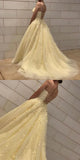 Long Yellow Evening Dresses Lace A Line Sleeveless Prom Dresses