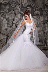White Mermaid Tulle Lace Bridal Gowns,Free Wedding Veil