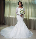 Hot Long Sleeves Lace White Wedding Dresses V Neck Mermaid Bridal Gown