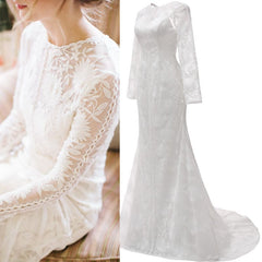 Long Sleeves Boho Beach Wedding Dresses Jewel Lace Bridal Wears