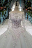 New Arrival Off The Shoulder Rhinestones Lace Wedding Gowns with Sleeves Royal Train