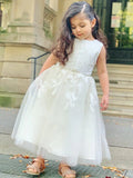 Cheap Lace White Tulle Sleeveless Jewel Flower Girl Dresses
