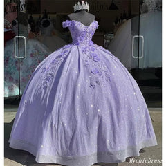 2024 Off the Shoulder Lavender Sweet 16 Sequin 3d Floral Quinceanera Dresses