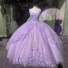 Princess 3D Flowers Lavender Quince Dresses 2024 Lace Ball Gown Sweet 16 Dresses