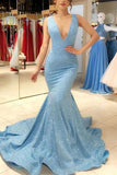 Sparkly Mermaid Glitter Light Blue Prom Dresses V Neck Evening Gown