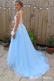 Gorgeous A Line White Lace Light Blue Prom Dress Sleeveless Evening Party Dresses