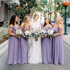 Simple Purple Chiffon Long Bridesmaid Dresses Off the Shoulder