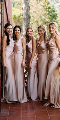 Cheap Floor length Soft Silk Satin Sleeveless Rose Gold Bridesmaid Dresses