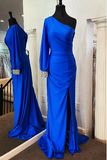 Cheap Mermaid One Shoulder Prom Dresses Royal Blue  Long Sleeve Party Dress
