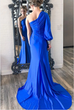 Cheap Mermaid One Shoulder Prom Dresses Royal Blue  Long Sleeve Party Dress