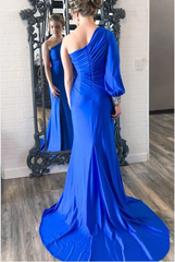Cheap Mermaid 2024 One Shoulder Prom Dresses Royal Blue  Long Sleeve Party Dress